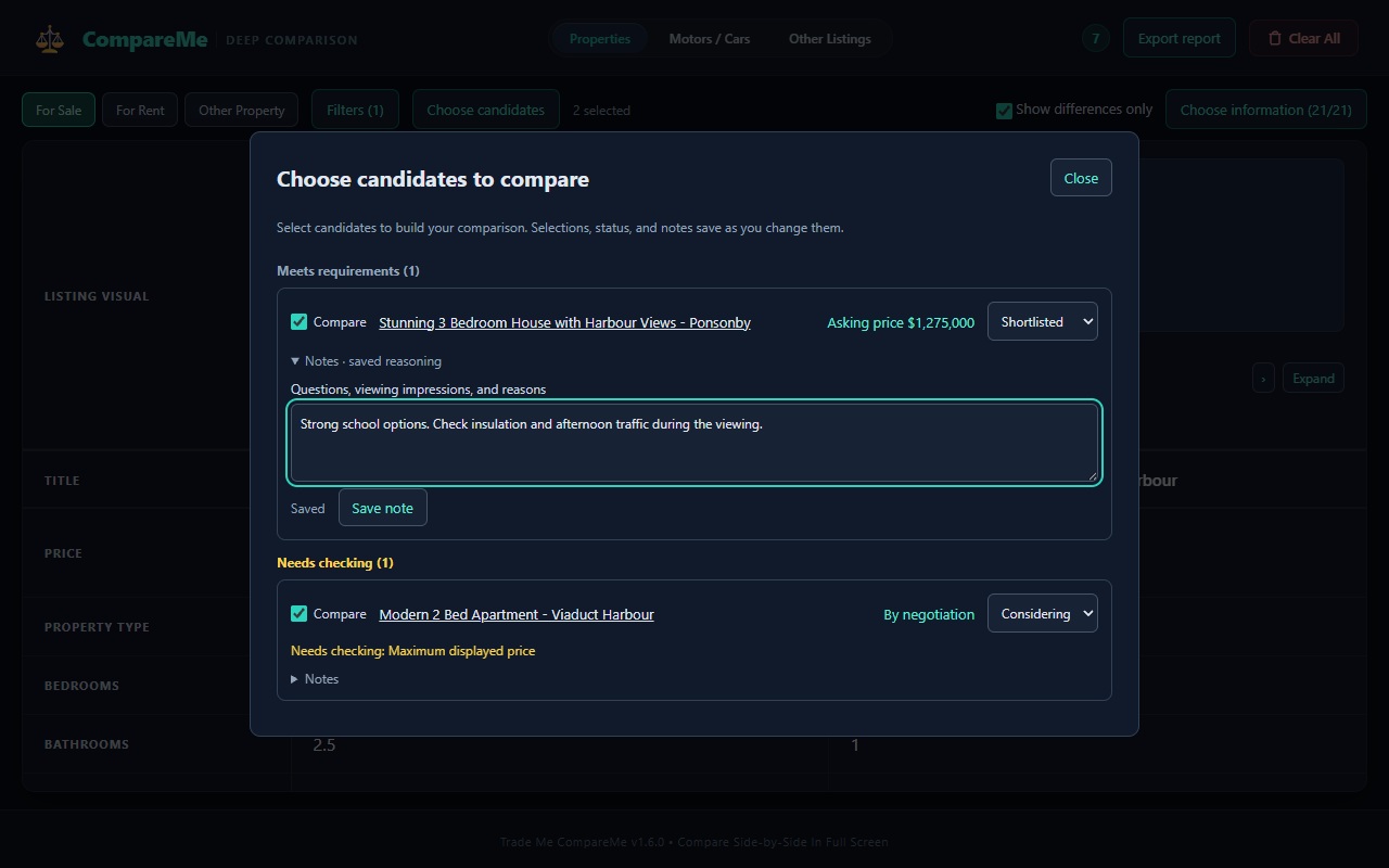 CompareMe 1.6.0 candidate dialog with shortlist status, notes and Needs checking group