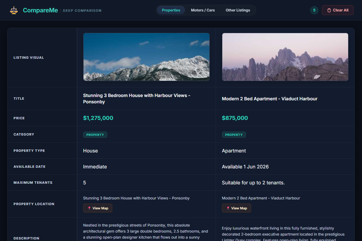 Trade Me CompareMe Comparison Matrix Screenshot