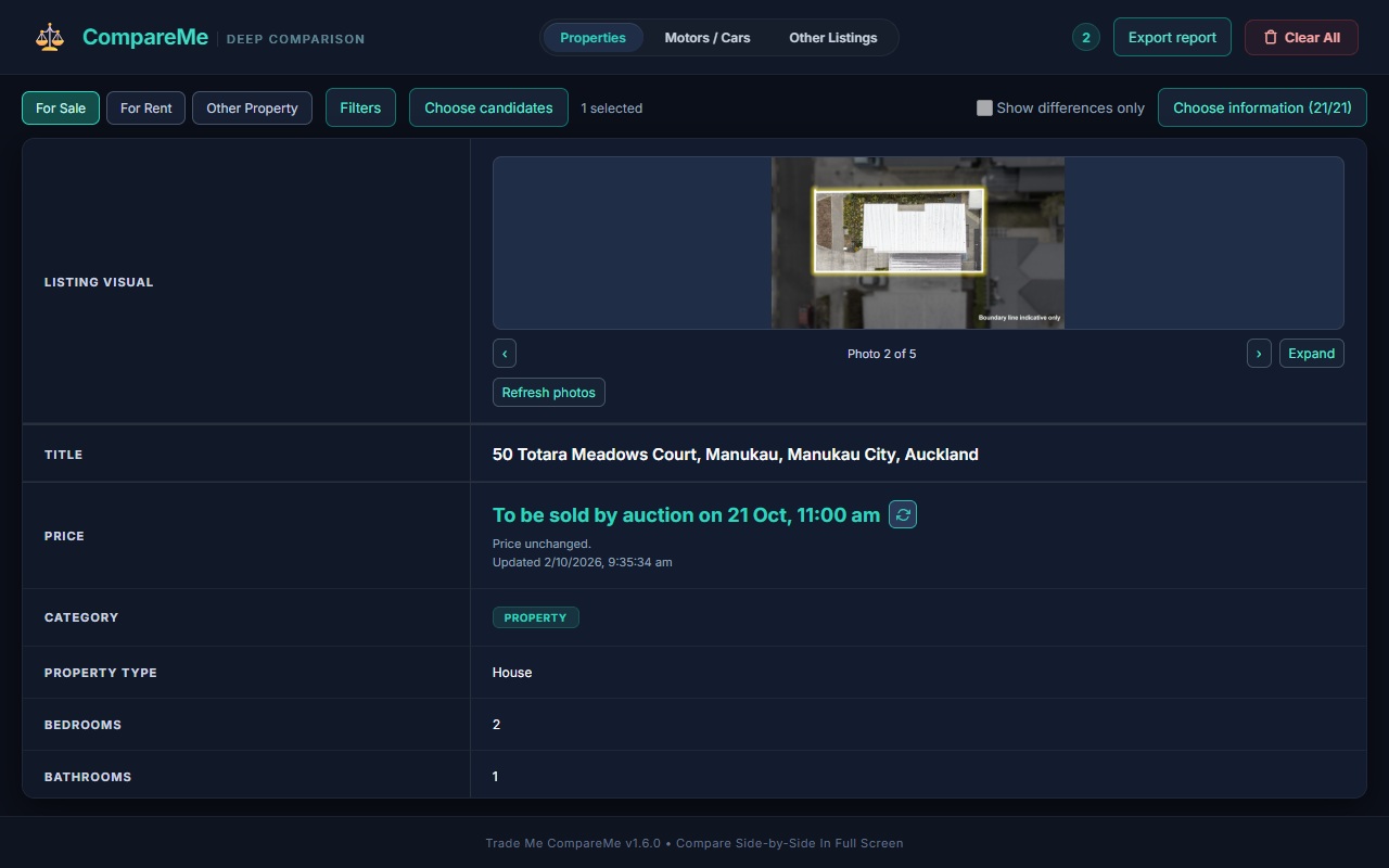 CompareMe 1.6.0 comparison with compact toolbar and property photo carousel