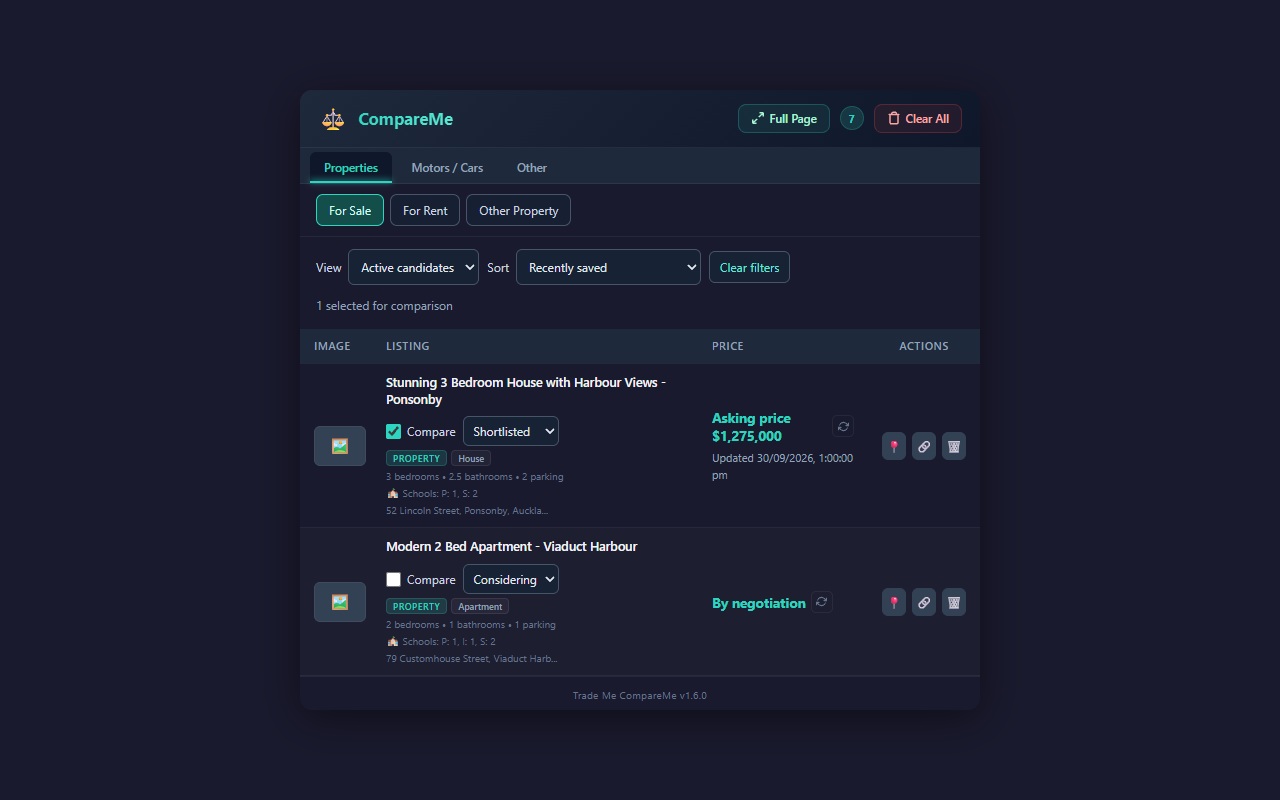 CompareMe 1.6.0 popup with sale candidates and comparison selections
