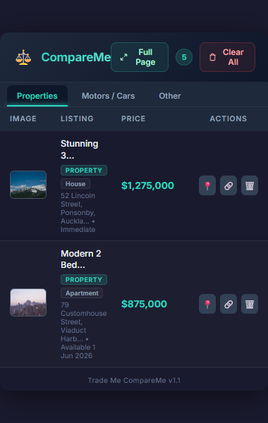 Trade Me CompareMe Popup Screenshot